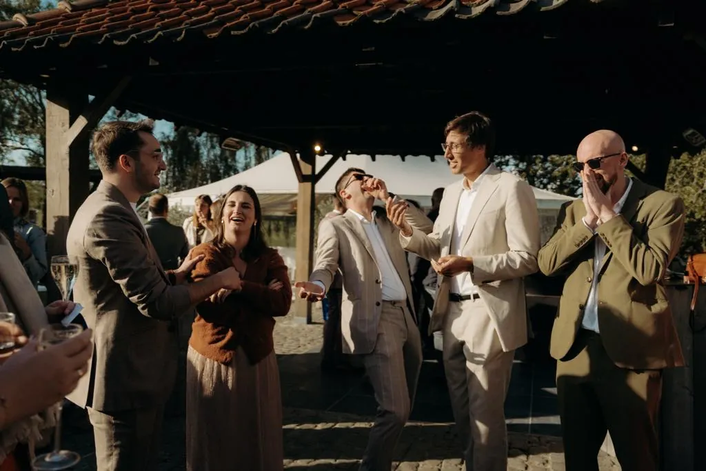 Wedding guests reacting during a walking mentalism moment